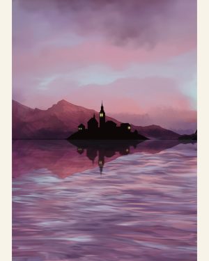 Digital drawing featuring a castle silhouette at the base of a pink mountain, the mountain and castle are on the horizone and reflected in the water which also reflects the pink and orange clouds in the sky