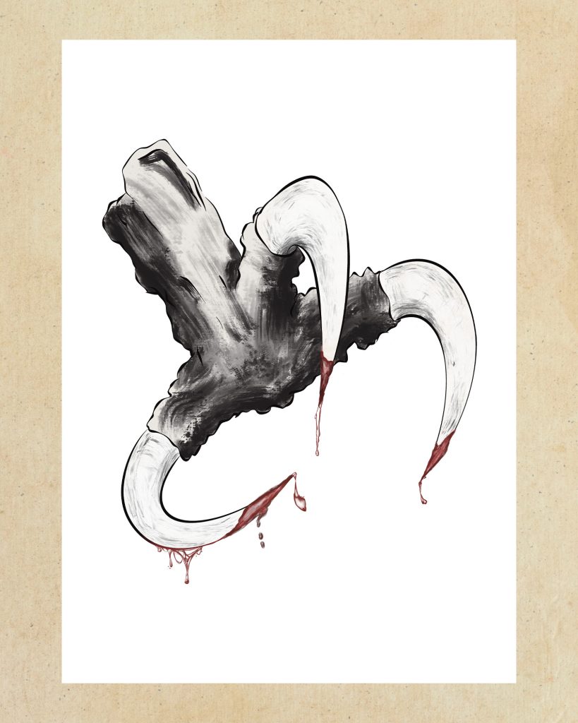 Illustration of a bird-like claw with blood dripping of the ends of the talons