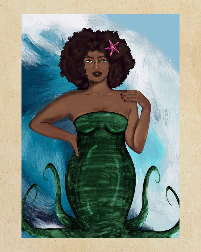 Illustration of a black woman with an afro, a pink seashell in her hair, and a green dress that has tentacles at the bottom. The woman is stood in front of a large wave