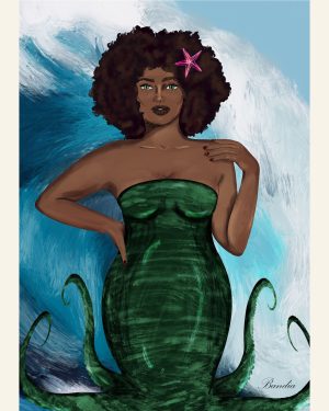 Digital illustration of a a black woman with an afro. In her hair is a pink starfish, she is wearing a green dress made from seaweed and has 4 green tentacles at the base of her dress. She is posed beautifully and serenely in front of a large rolling wave