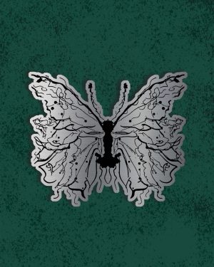 Pen and ink illustration of a winged being that looks like a butterfly or abstract fairy. A steel border is around the design, acting as the metal edge of the pin