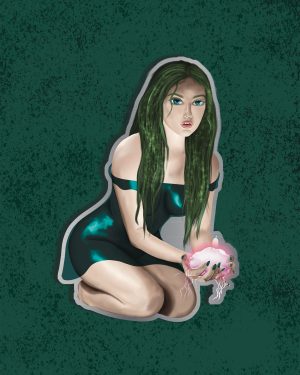 Semi-realistic digital illustration of a pale skinned woman with green seaweed hair kneeling with her hands stretched in front of her holding a pink glowing jellyfish. A steel border is around the design, acting as the metal edge of the pin