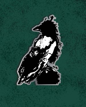 Pen and ink illustration of a crow perched on a tree stump looking over it's shoulder with expressive linework. A steel border is around the design, acting as the metal edge of the pin