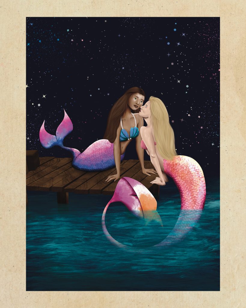 Illustration of two mermaids in th emoments before a kiss, one has pink blue and purple hues, the other has pink, orange and white.
